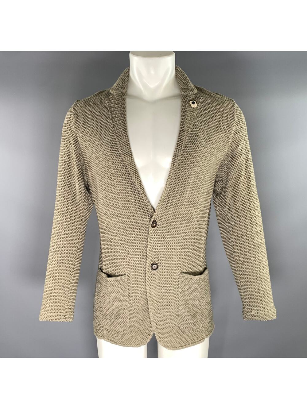LARDINI Size M Green Olive Knit Cotton flax Notch Lapel Jacket